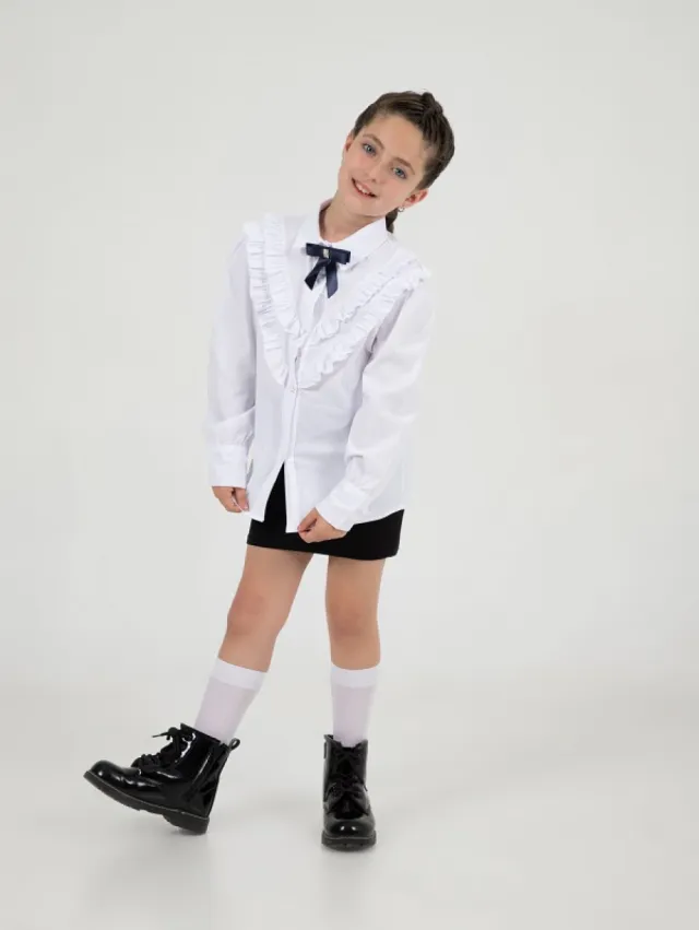 Büşra Bebe Girls’ White V-Ruffle School Shirt 24221