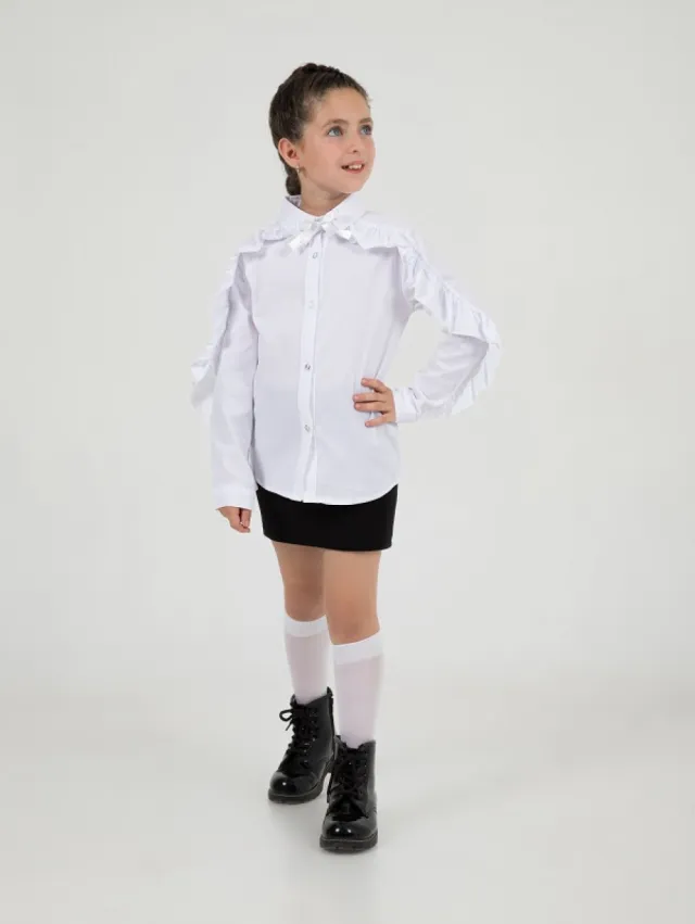 Büşra Bebe Girls’ White Cross-Ruffle Sleeve School Shirt 24212