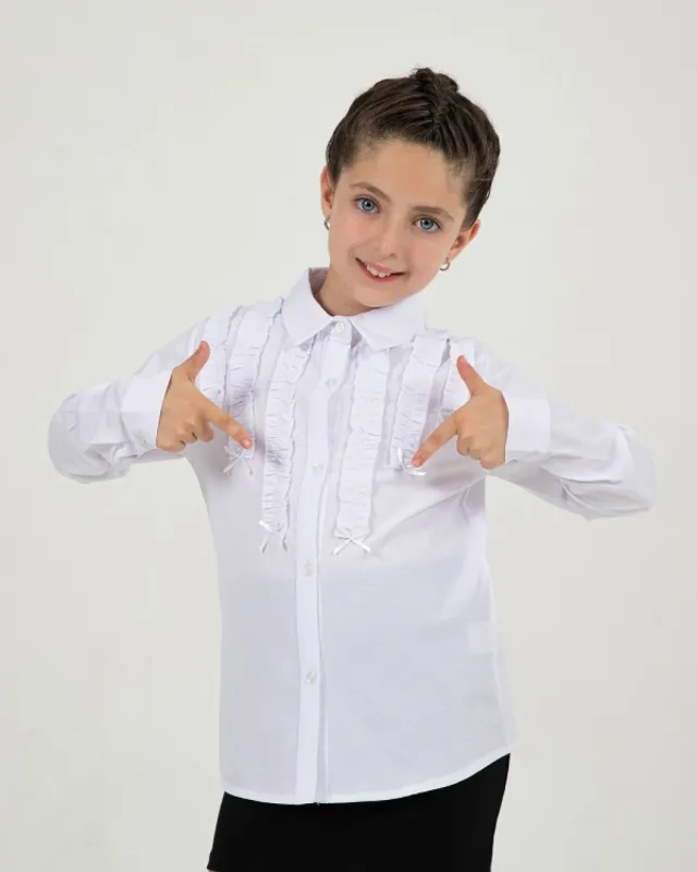 Büşra Bebe Girls’ White Ruched Ribbon-Trim School Shirt 24206