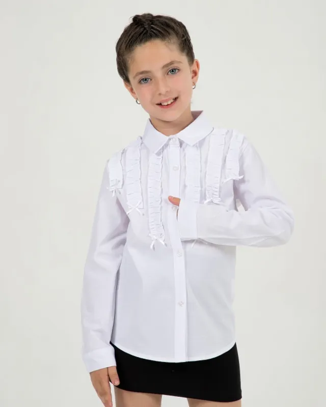 Büşra Bebe Girls’ White Ruched Ribbon-Trim School Shirt 24205