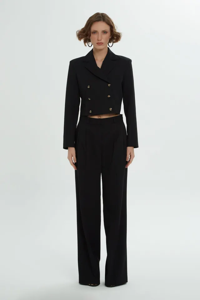 Double-Breasted Closure Short Jacket and Palazzo Trousers Set