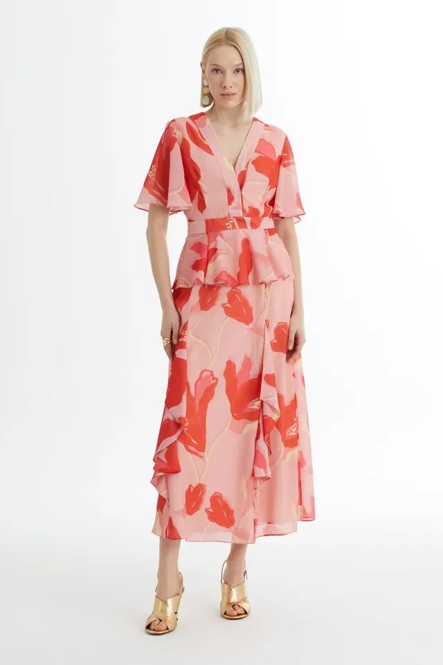 Pink Set with Patterned Blouse and Ruffled Skirt