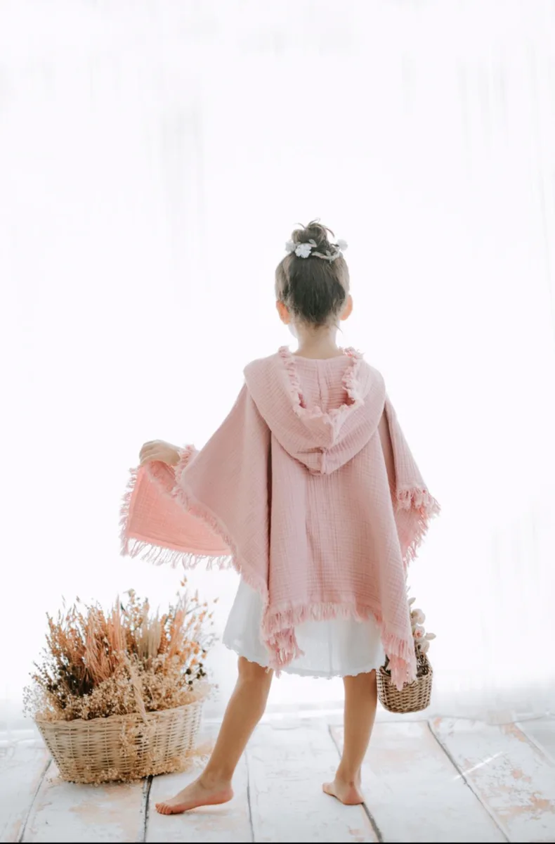 Fringed 4-Layer Muslin Kids Poncho