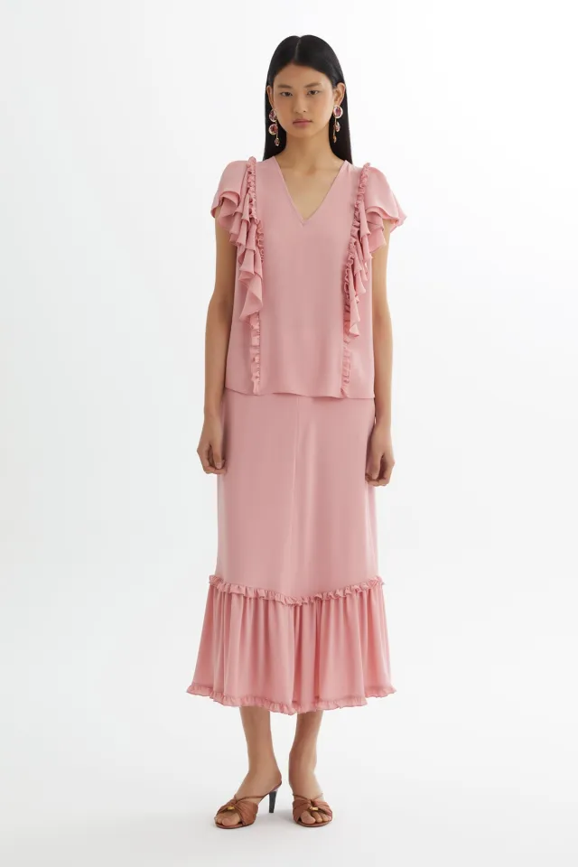 Ruffled Blouse and Gathered-Skirt Pink Set