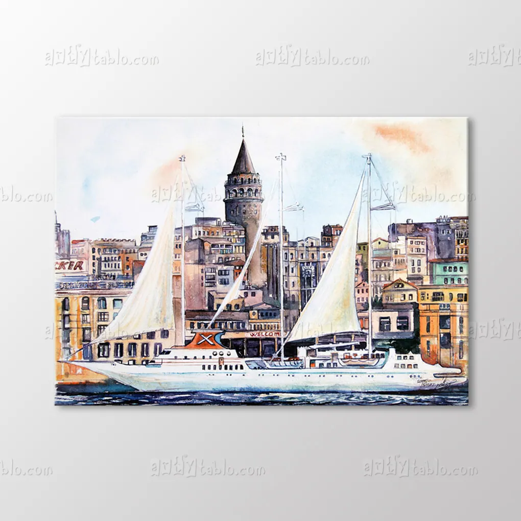 Suluboya Yelkenli Gemi Galata Kulesi Tablo canvas wall art