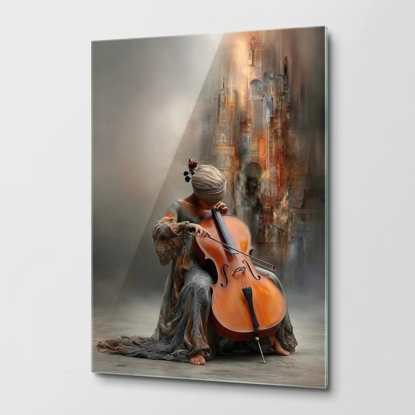 Mystic Musician and Architectural Vertical Glass Wall Art glass wall art