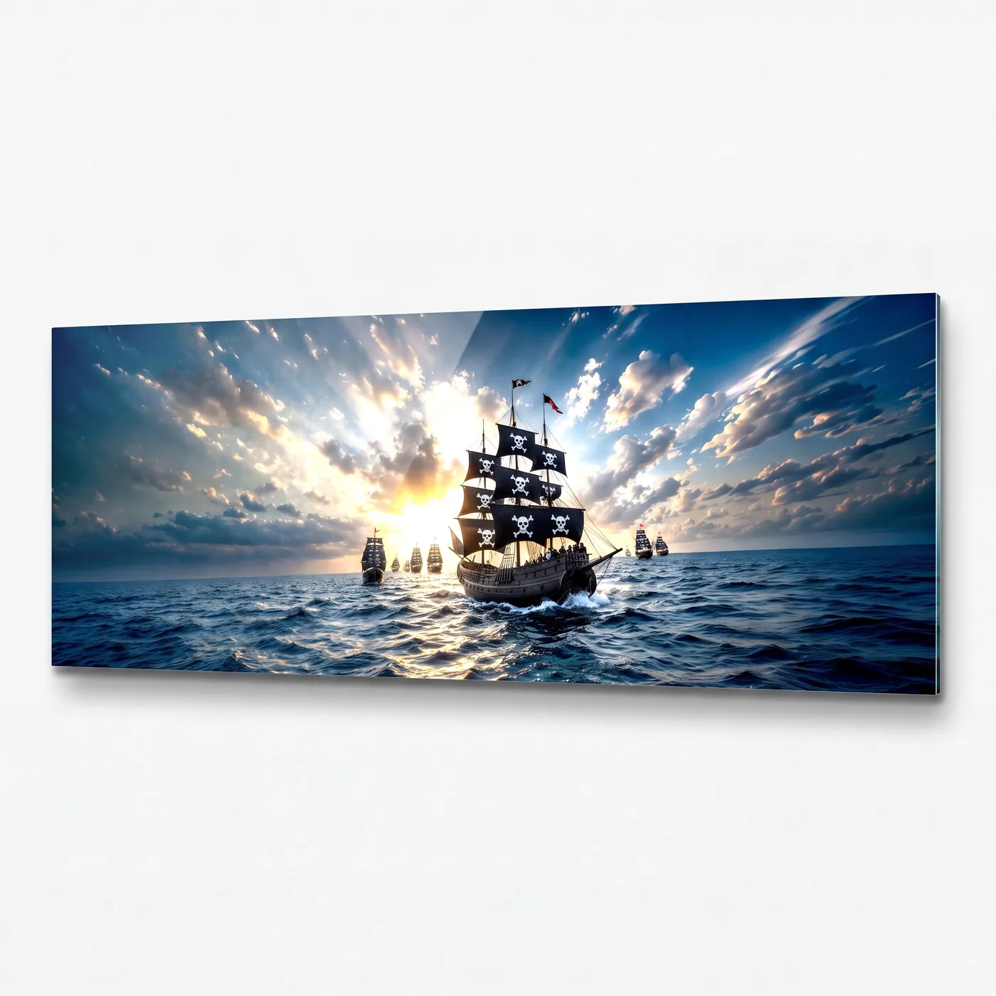 Pirate ships at sunset panoramic glass wall art