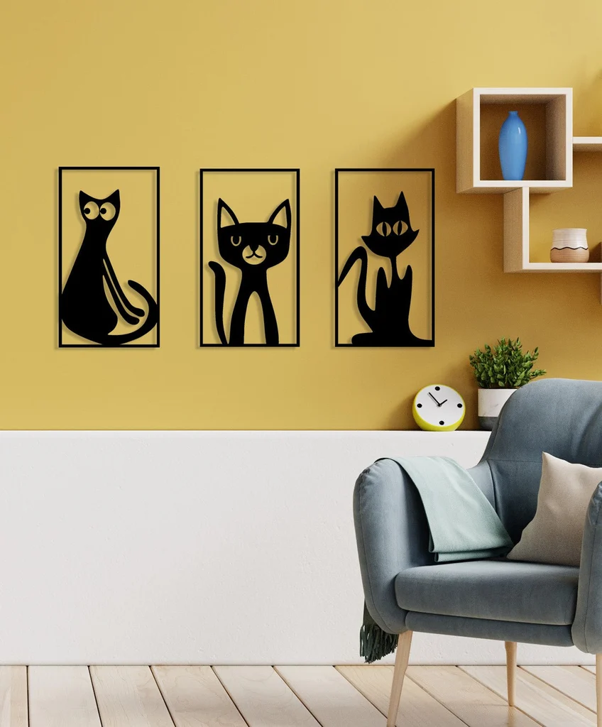 Cat figure metal wall art set 3 pcs