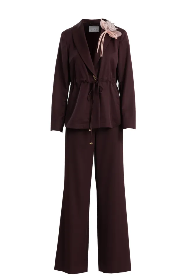 Floral Brooch Detail Plum Jacket and Trousers Set
