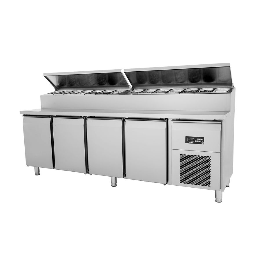 Four Stainless-Door Refrigerator with Pizza Prep Table