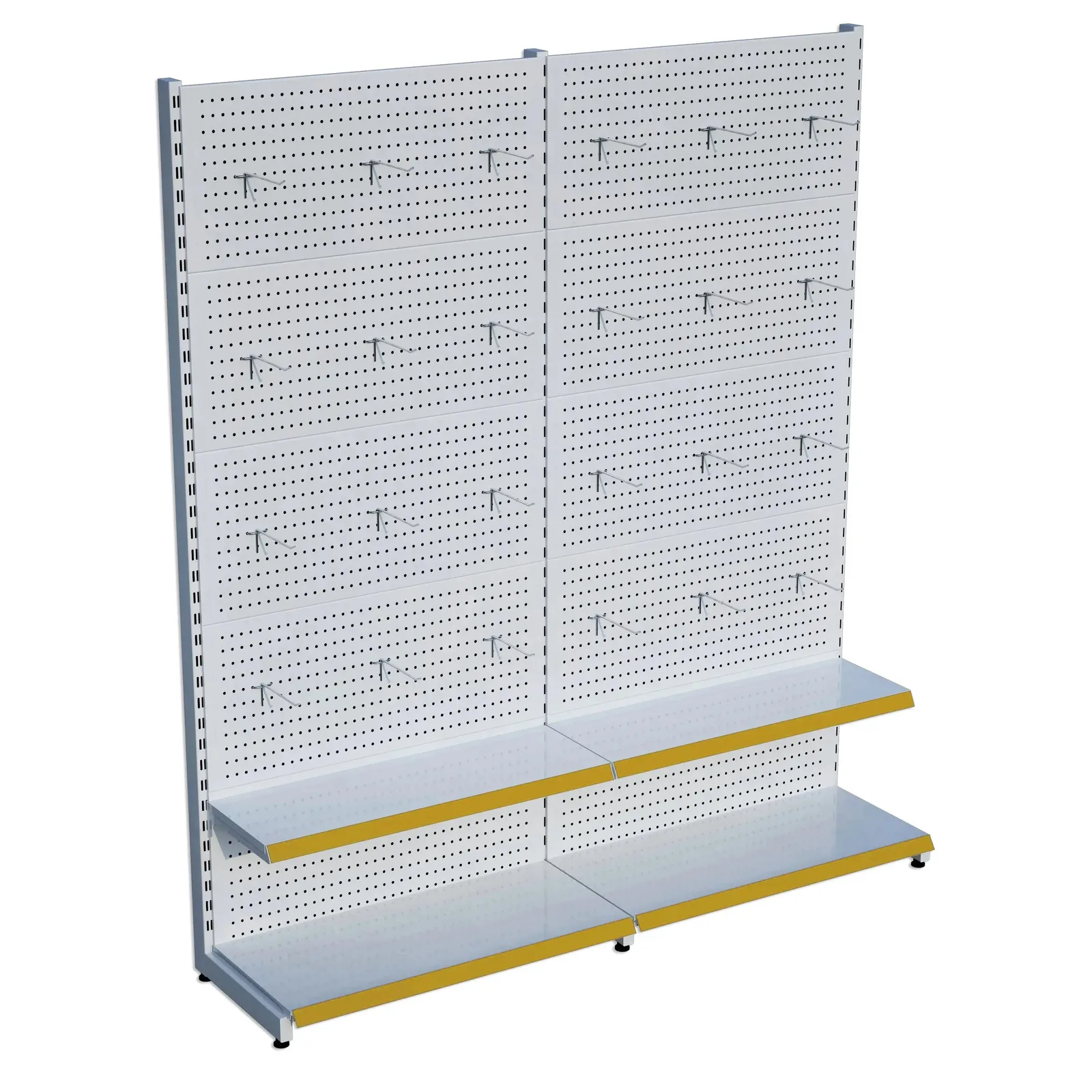 رف عُدَد مثقّب – طابقان أبيض، وحدتان – W180 × H220 × D30/40 cm