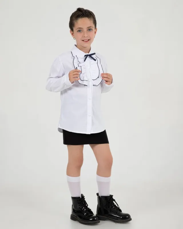 Büşra Bebe Girls’ White Front-Ruffle School Shirt 24201
