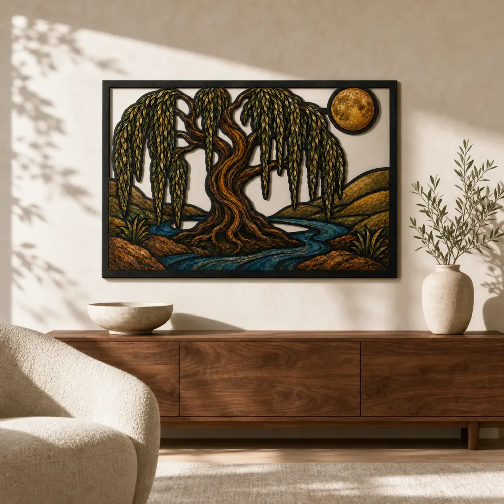 Willow Tree of Life beside Winding River Colorful Metal Wall Art