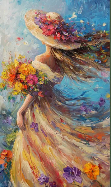 Yagli Boya Cicekli Sapkali Ruzgarda Kadin Canvas Tablo canvas wall art