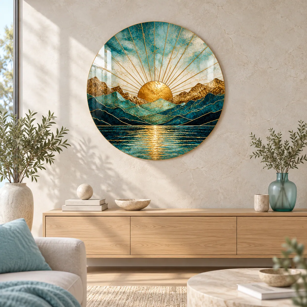 Round glass wall art with golden sunrise mountain and lake