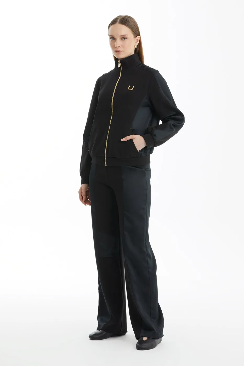 Black Tracksuit Set With Satin Fabric Detail