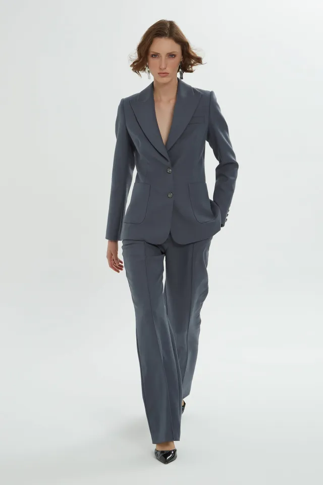 Front Button Closure Pocketed Anthracite Trousers Set