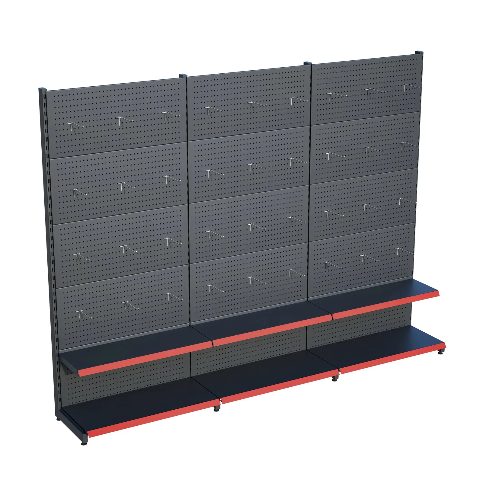 رف عُدَد مثقّب – طابقان أنثراسيت، 3 وحدات – W270 × H220 × D30/40 cm