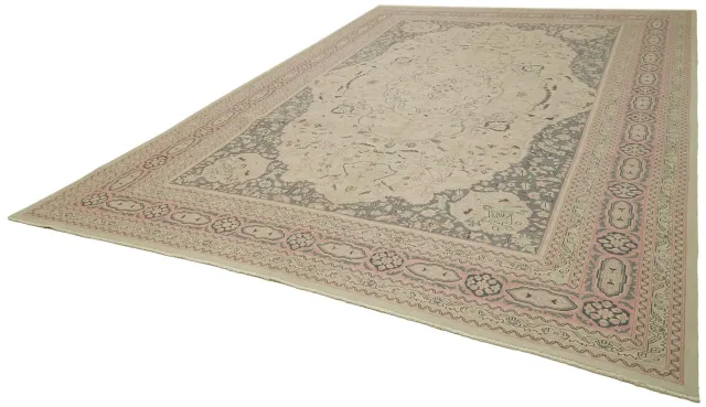 Cream Grey Classic Medallion Living Room Rug - Wool Handwoven 287x410 cm