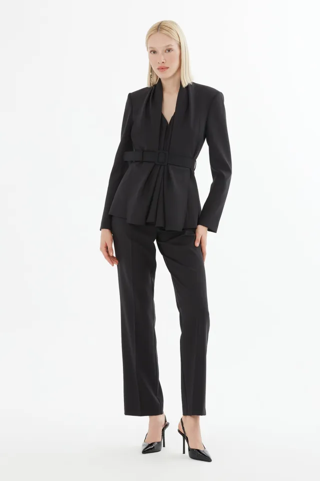 Shawl Collar Belted Jacket and Trousers Set