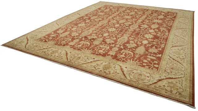 Terracotta Beige Classic Tabriz Living Room Rug - Wool Handwoven 366x444 cm