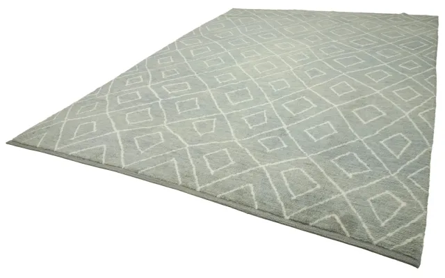 Light Blue White Modern Geometric Living Room Rug - Wool 302x420 cm