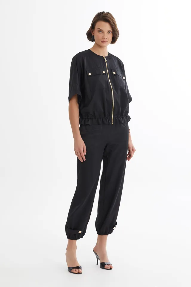 Black Jacket and Trousers Set with Gathered Waist
