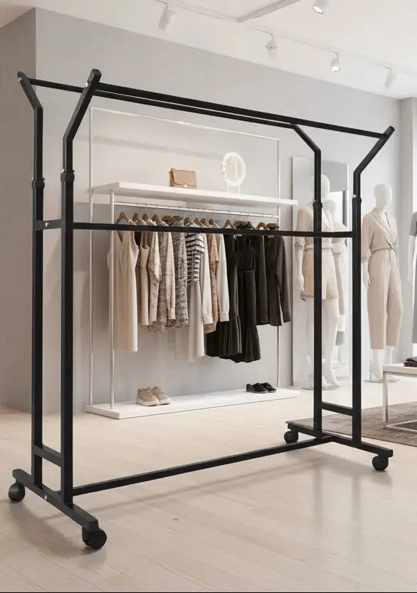 V-Shape Adjustable Rail with Skirt Bar, Garment and Dress Rail Wheeled Store Rail