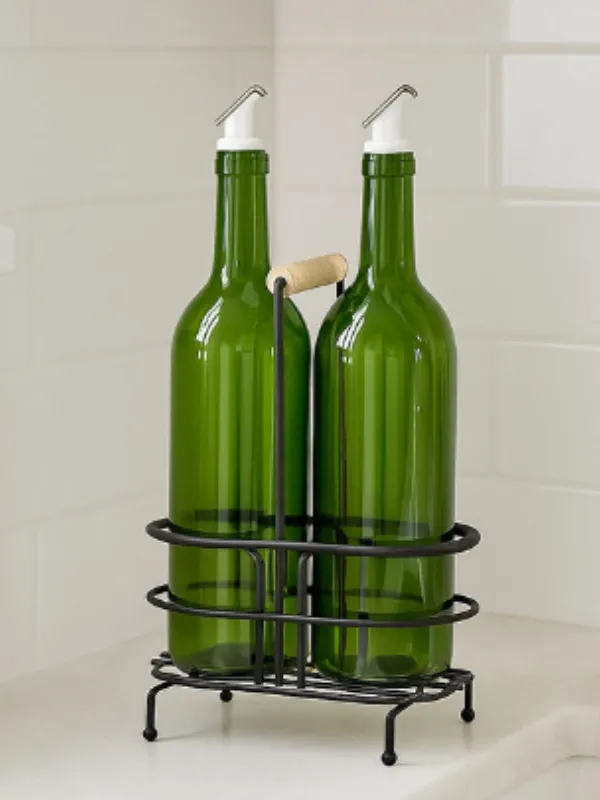Metal Stand with Wooden Handle and Two Oil Bottles (SM151)