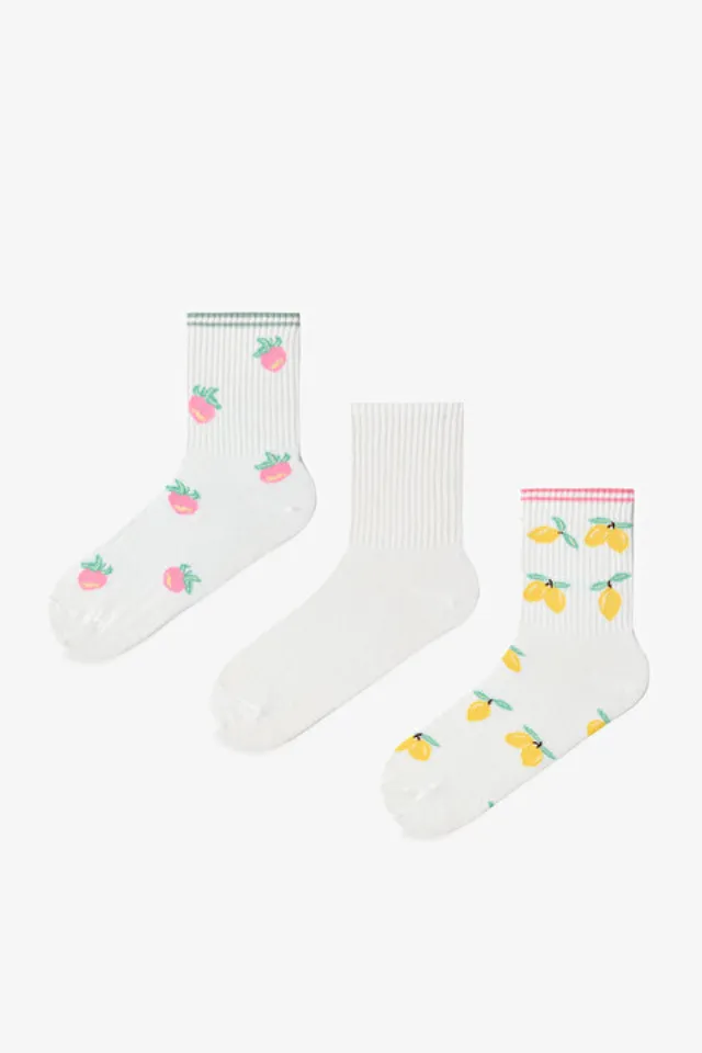 Colorful Cotton Socks with Fruit Patterns and Striped Details, 3 Pairs
