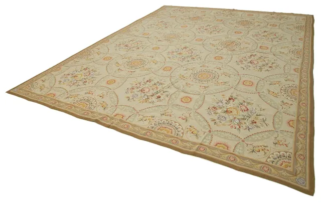 Cream Yellow Classic Floral Living Room Rug - Wool Handwoven 346x449 cm