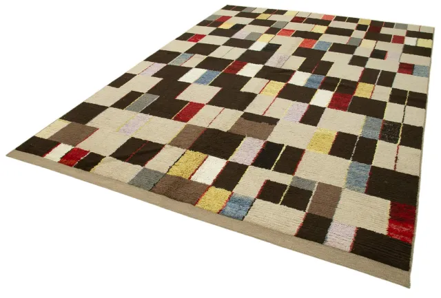 سجادة غرفة المعيشة عصرية هندسية بلون بيج وبني غامق - صوف 243x330 سم