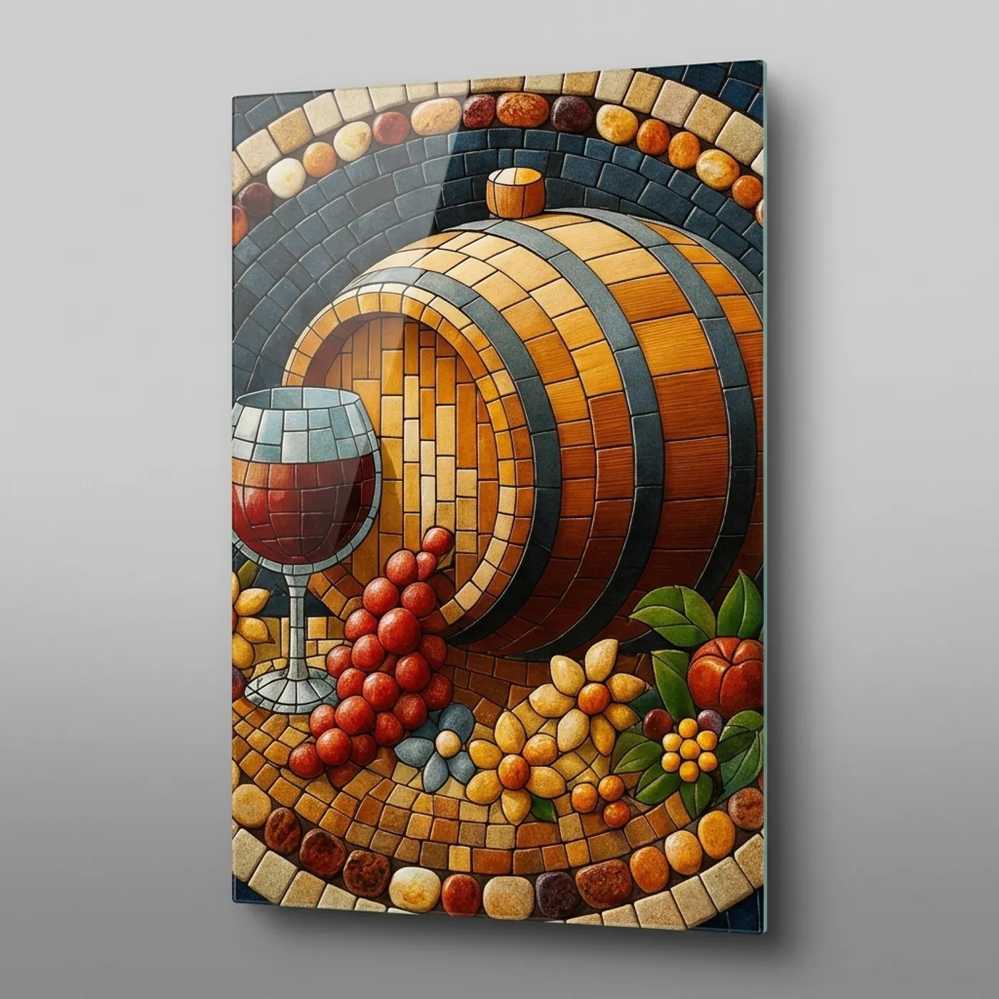 Wine Barrel, Wine Glass, and Grape Mosaic Vertical Glass Wall Art canvas wall art