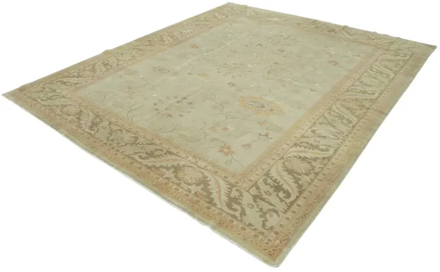 سجادة غرفة نوم أخضر فاتح بيج كلاسيكية مزهرة - صوف منسوج يدويًا 256×300 سم