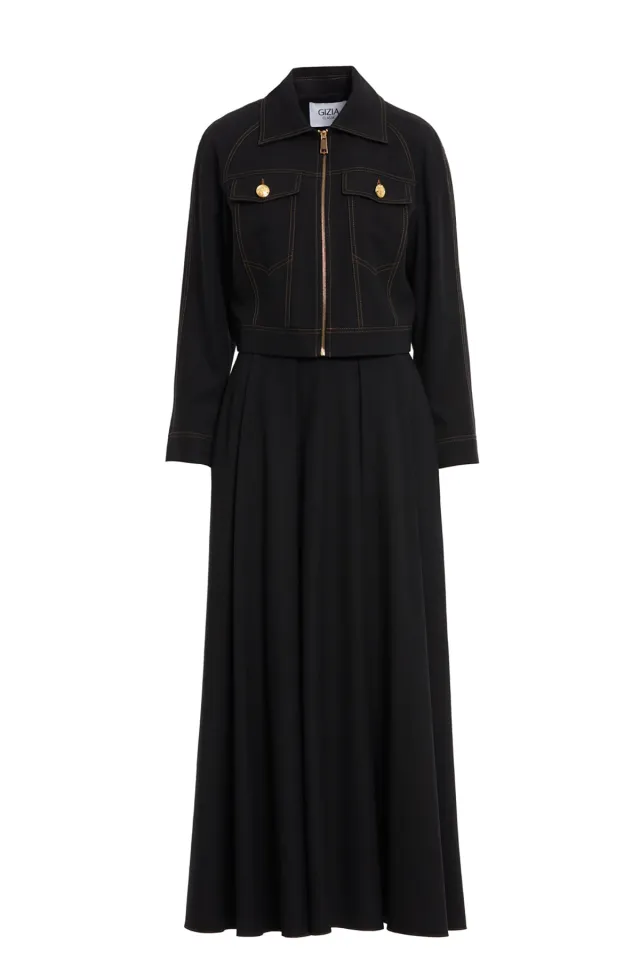 Zippered Short Jacket and Long Flounced Skirt Set