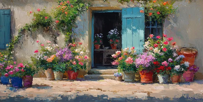 Yagli Boya Akdeniz Panjurlu Ev Ve Sardunyalar Canvas Tablo canvas wall art