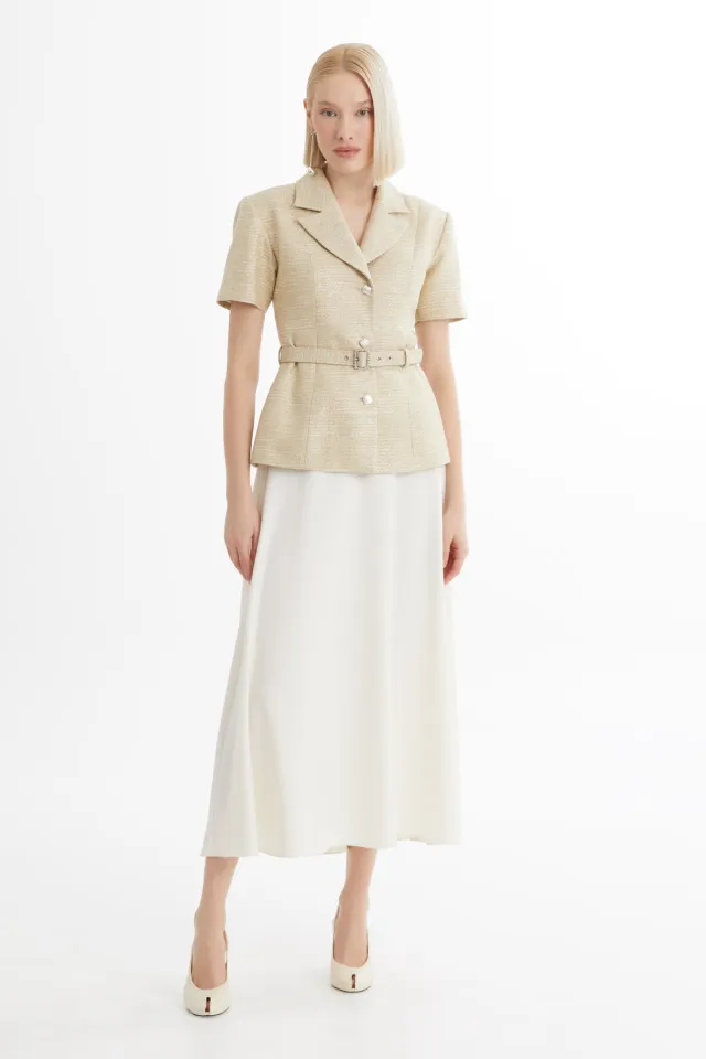 Short-Sleeve Jacket and Ruffled Skirt Beige Set