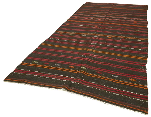 Dark Brown Red Ethnic Striped Living Room Rug - Hand-Woven Wool 6 m² 167x353 cm