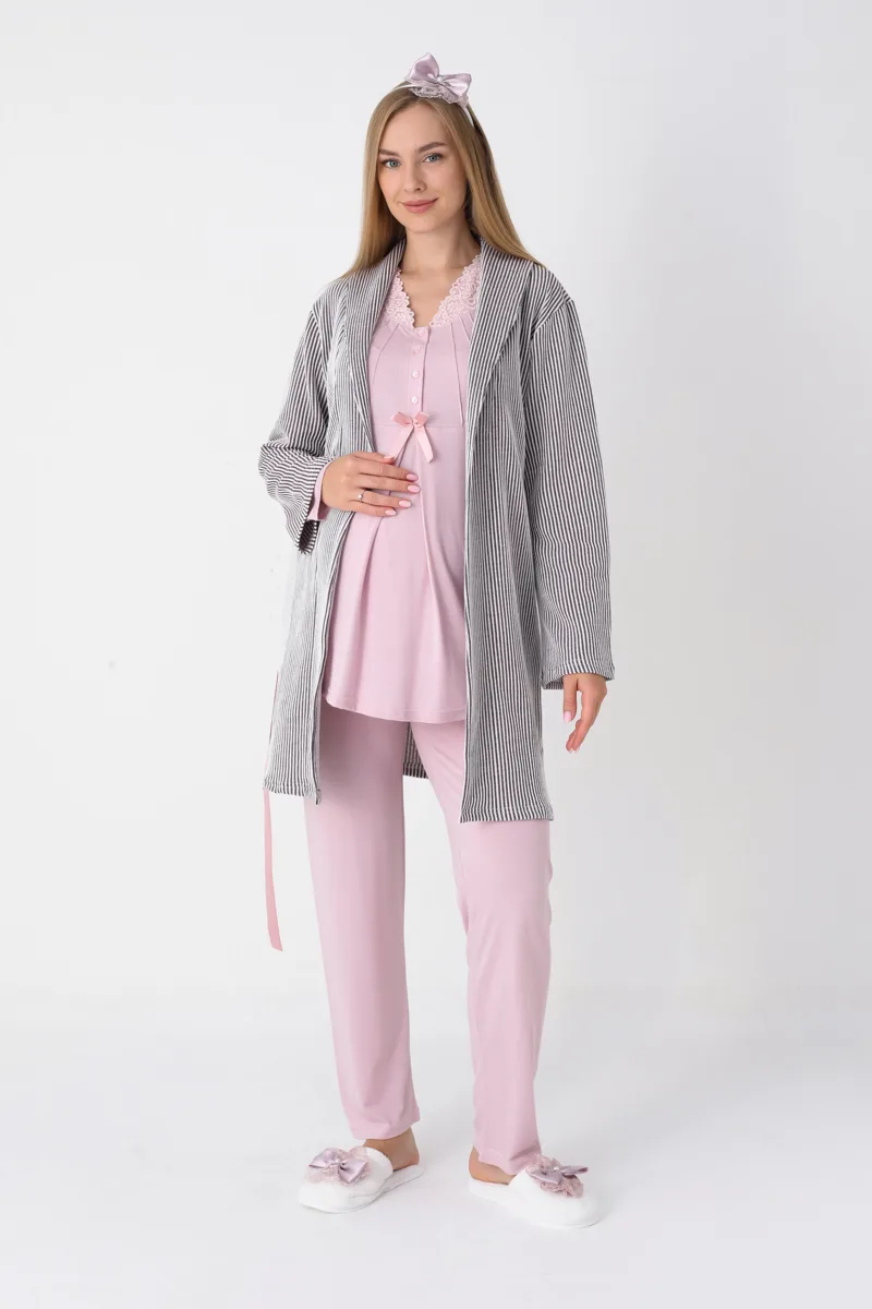 3-piece jacquard button-front long-sleeve pyjama and robe set for pregnancy and postpartum model 3442