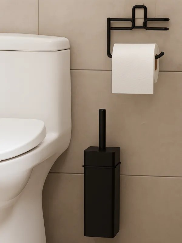 Toilet paper holder set and adhesive toilet brush with spare part