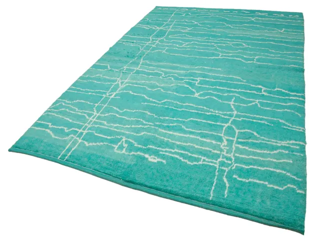 Turquoise White Modern Living Room Rug - Wool Handwoven 6 m² 192x305 cm