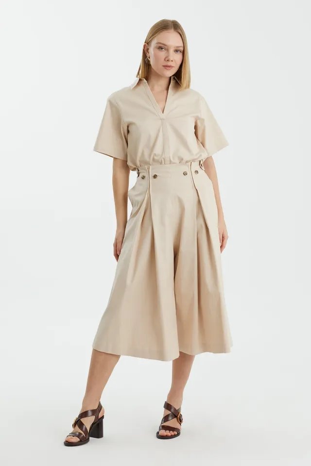 Beige Bermuda Trousers with Button Detail