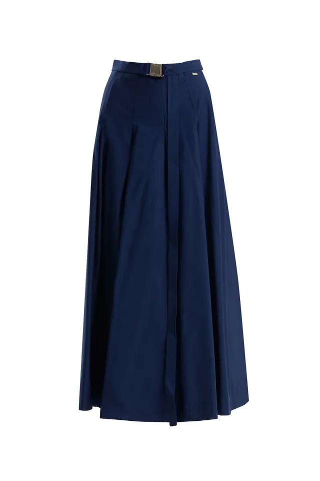 Side-Zip Pleated Folded Navy Skirt