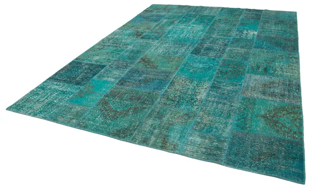 Turquoise Blue Vintage Patchwork Living Room Rug - Wool Handwoven 251x351 cm
