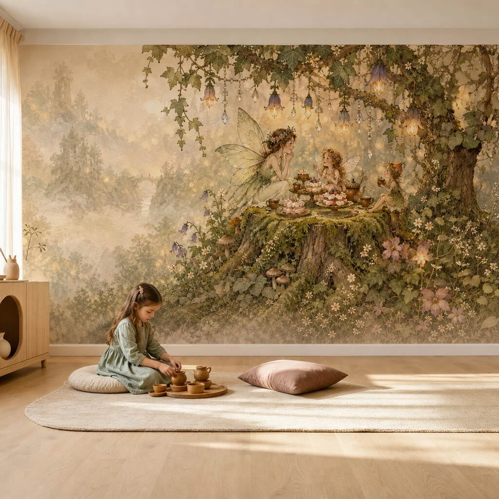 Fairies Having a Log Tea Party Kids Room Wallpaper