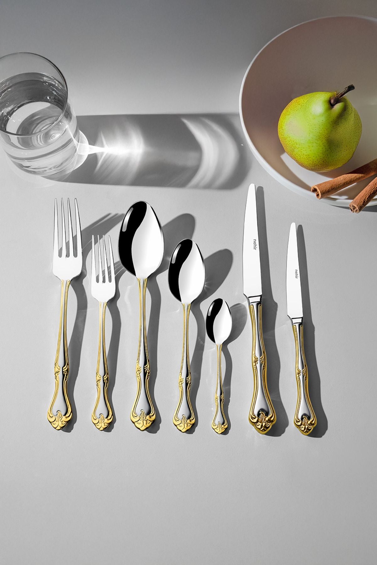 Lalezar Gold Satin 12-Person 89-Piece Fork, Spoon and Knife Set in Box