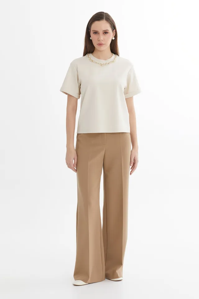 Oversize Stone-Embroidered Beige T-Shirt