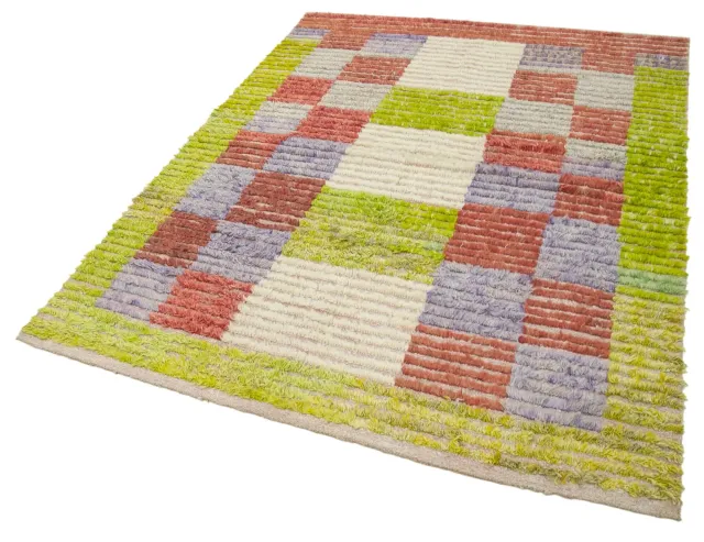 Green Salmon Modern Geometric Living Room Rug - Hand-Woven Wool 158x203 cm