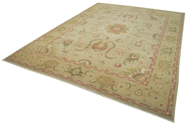 Light Beige Red Classic Floral Bedroom Rug - Wool Handwoven 358x495 cm