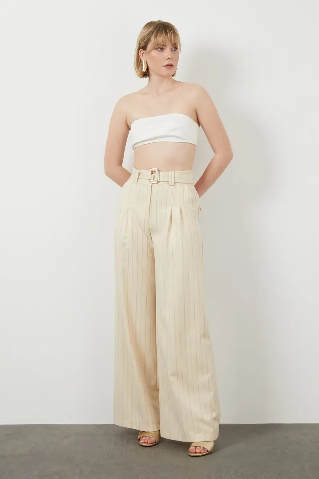 Striped Wide-Leg Trousers with Belt